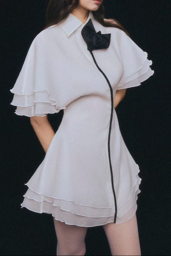 White Chiffon Mini Dress - Layered Ruffle Trim Shirt Dress