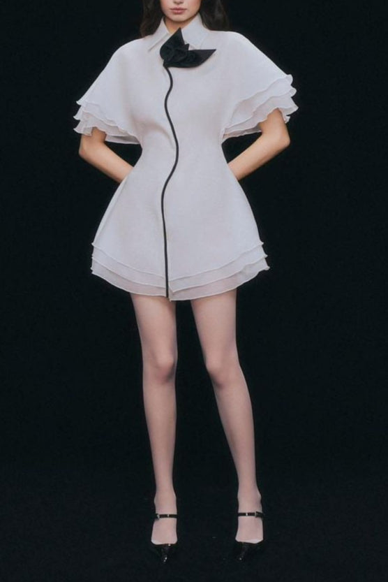 White Chiffon Mini Dress - Layered Ruffle Trim Shirt Dress