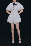 White Chiffon Mini Dress - Layered Ruffle Trim Shirt Dress