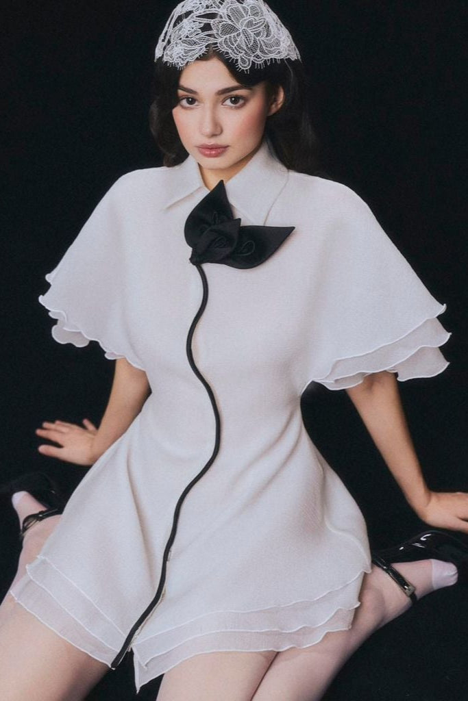 White Chiffon Mini Dress - Layered Ruffle Trim Shirt Dress