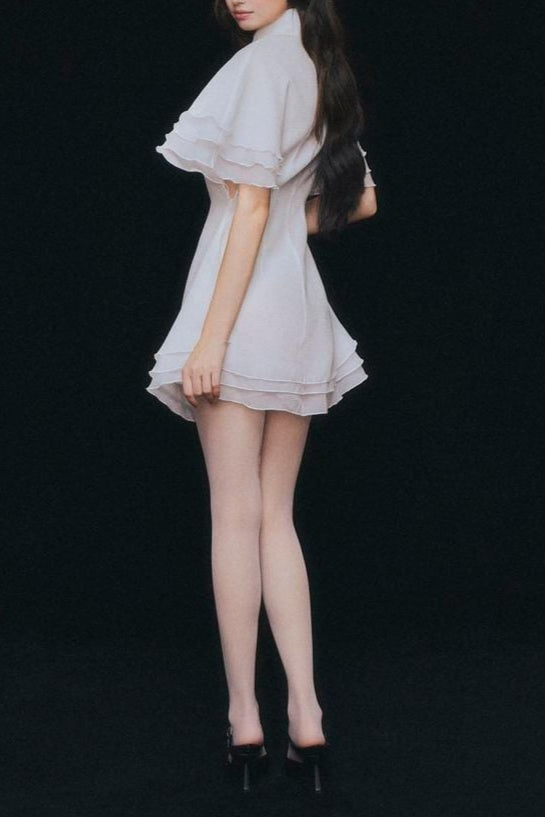 White Chiffon Mini Dress - Layered Ruffle Trim Shirt Dress