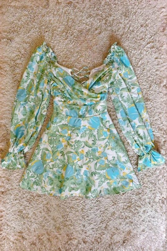 Off Shoulder Lace-Up Back Floral Puff Sleeve Mini Dress