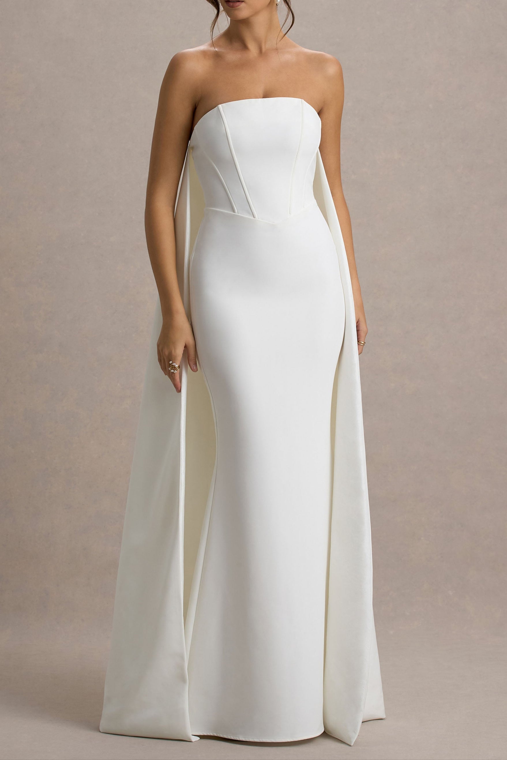 She's Trouble | White Bandeau Maxi Dress With Cape