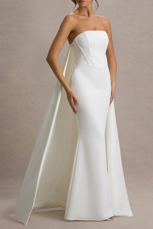 She's Trouble | White Bandeau Maxi Dress With Cape
