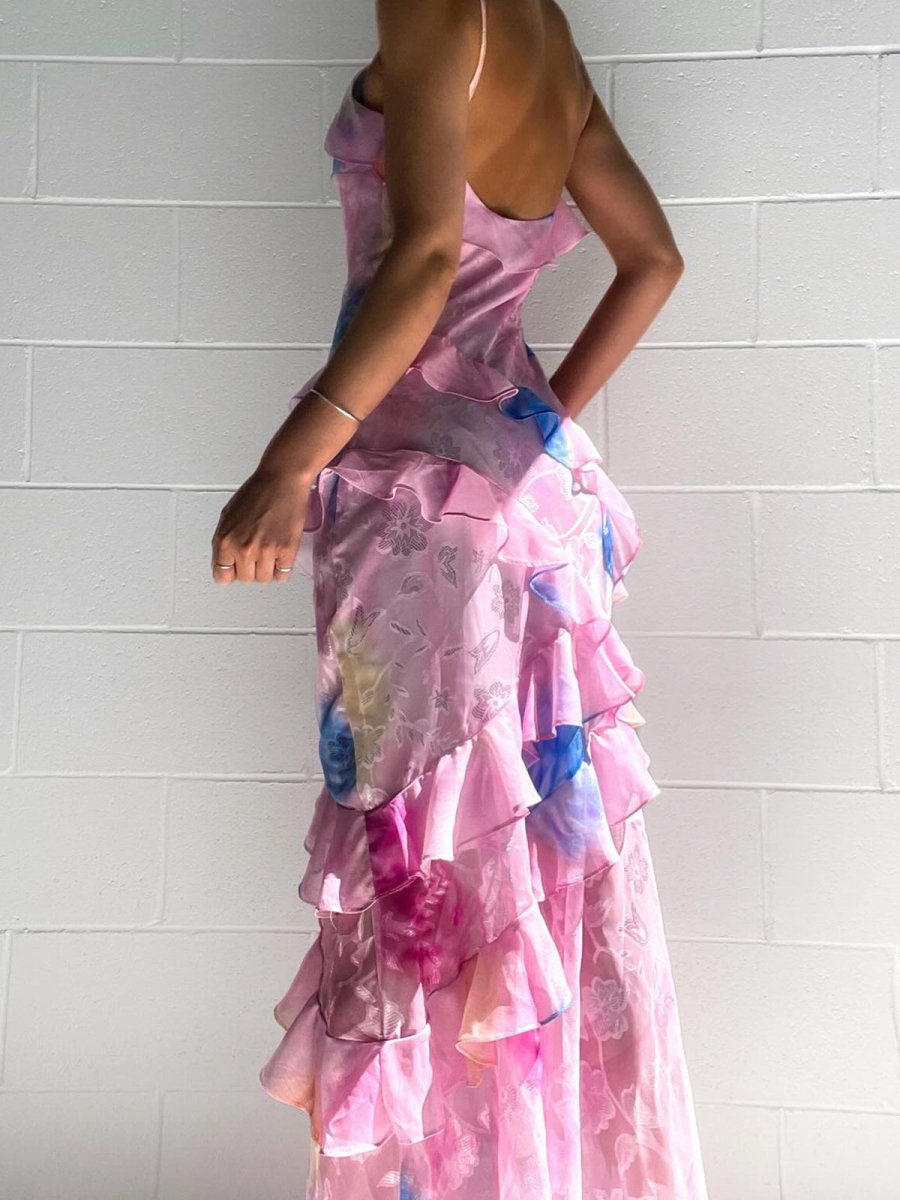 floral printed Spaghetti Straps maxi Dress with Ruffles