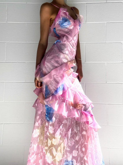 floral printed Spaghetti Straps maxi Dress with Ruffles